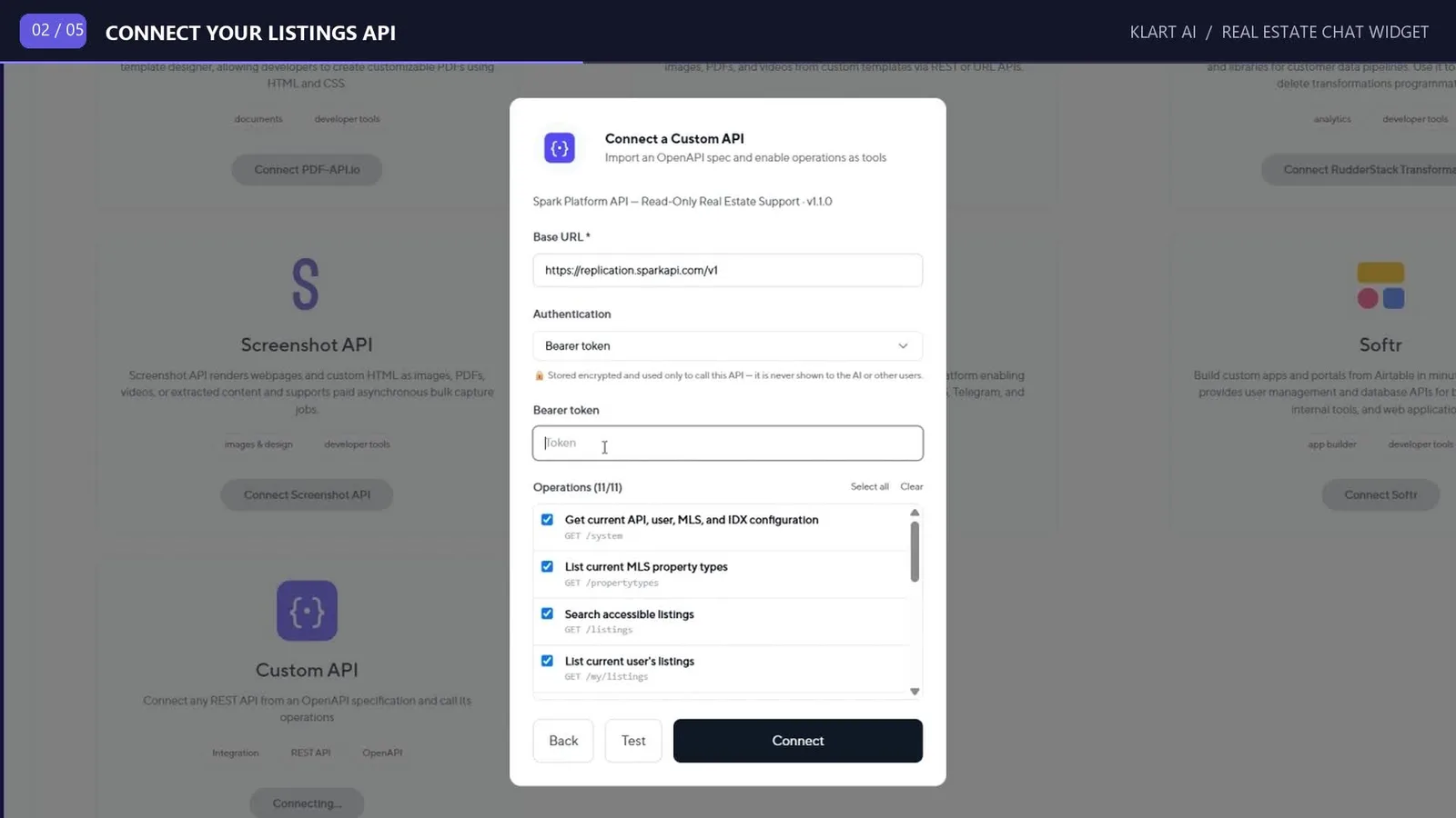 Klart AI Custom API connector configured with the Spark Platform API base URL, Bearer token authentication, and the read-only listing operations selected