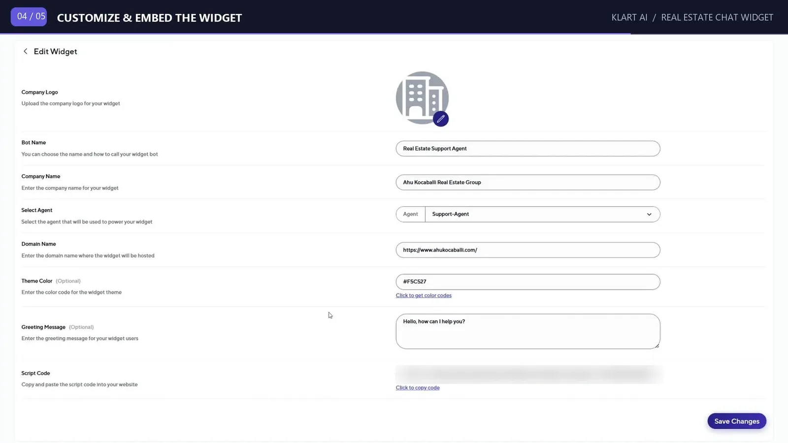 Klart AI Edit Widget screen showing the bot name, company name, selected agent, domain, theme color, greeting message, and the generated script code field
