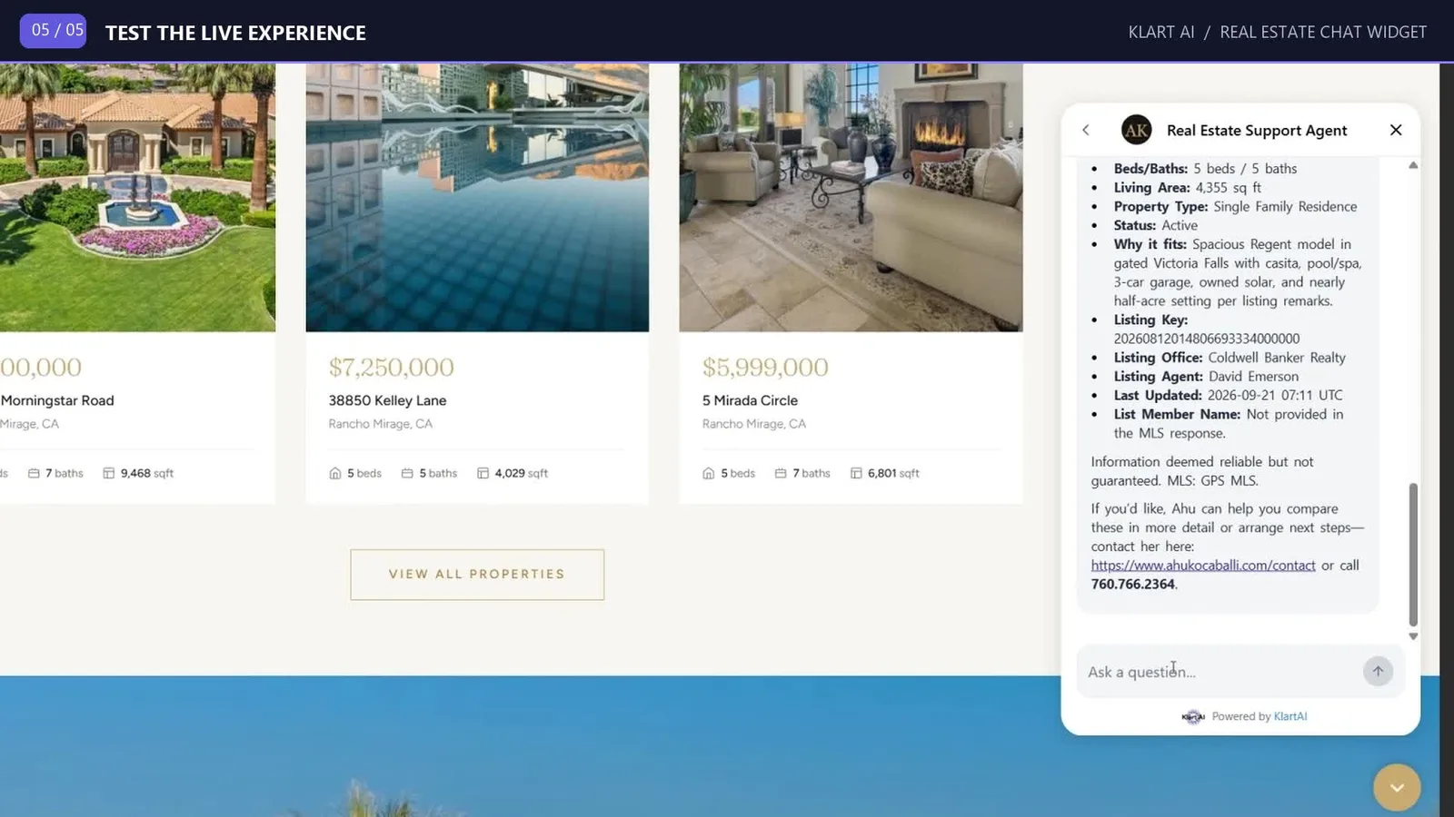 The live Klart AI widget on a real estate website returning a property's beds, baths, living area, status, listing key, MLS attribution, and a contact link